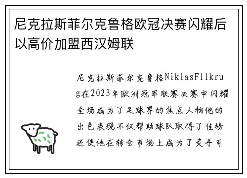 尼克拉斯菲尔克鲁格欧冠决赛闪耀后以高价加盟西汉姆联
